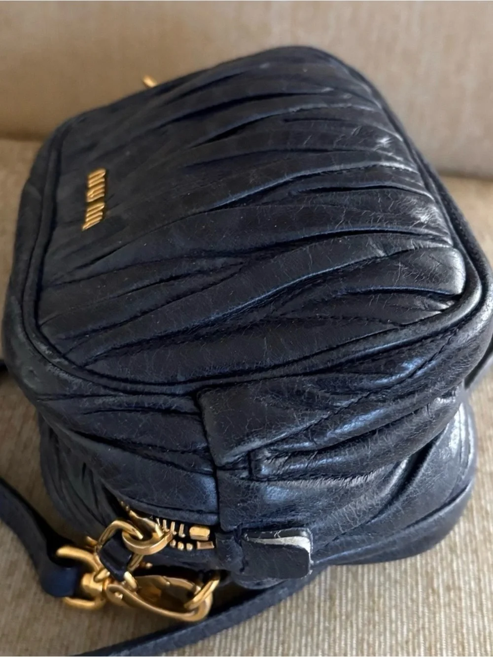 Miu Miu Quilted Navy Leather Crossbody with Gold Hardware